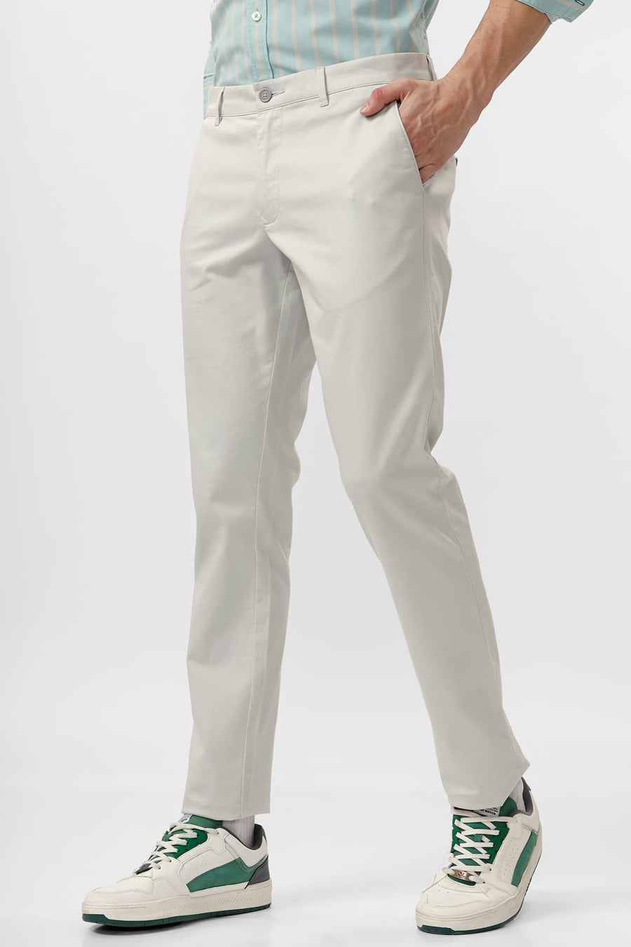 BASICS TAPERED FIT DAWN GREEN COTTON STRETCH DOBBY TROUSER