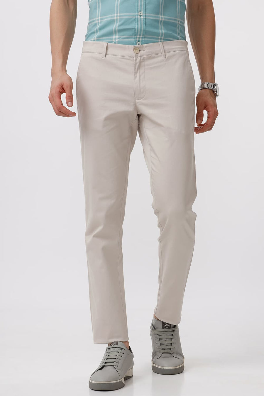 BASICS TAPERED FIT CHATEAU GREY COTTON STRETCH DOBBY TROUSER
