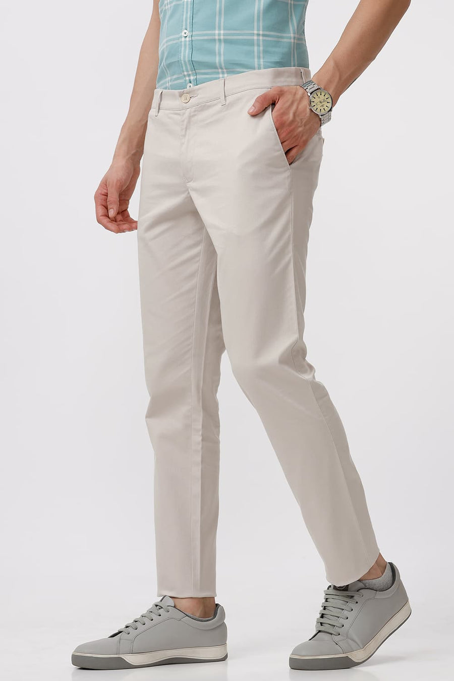 BASICS TAPERED FIT CHATEAU GREY COTTON STRETCH DOBBY TROUSER