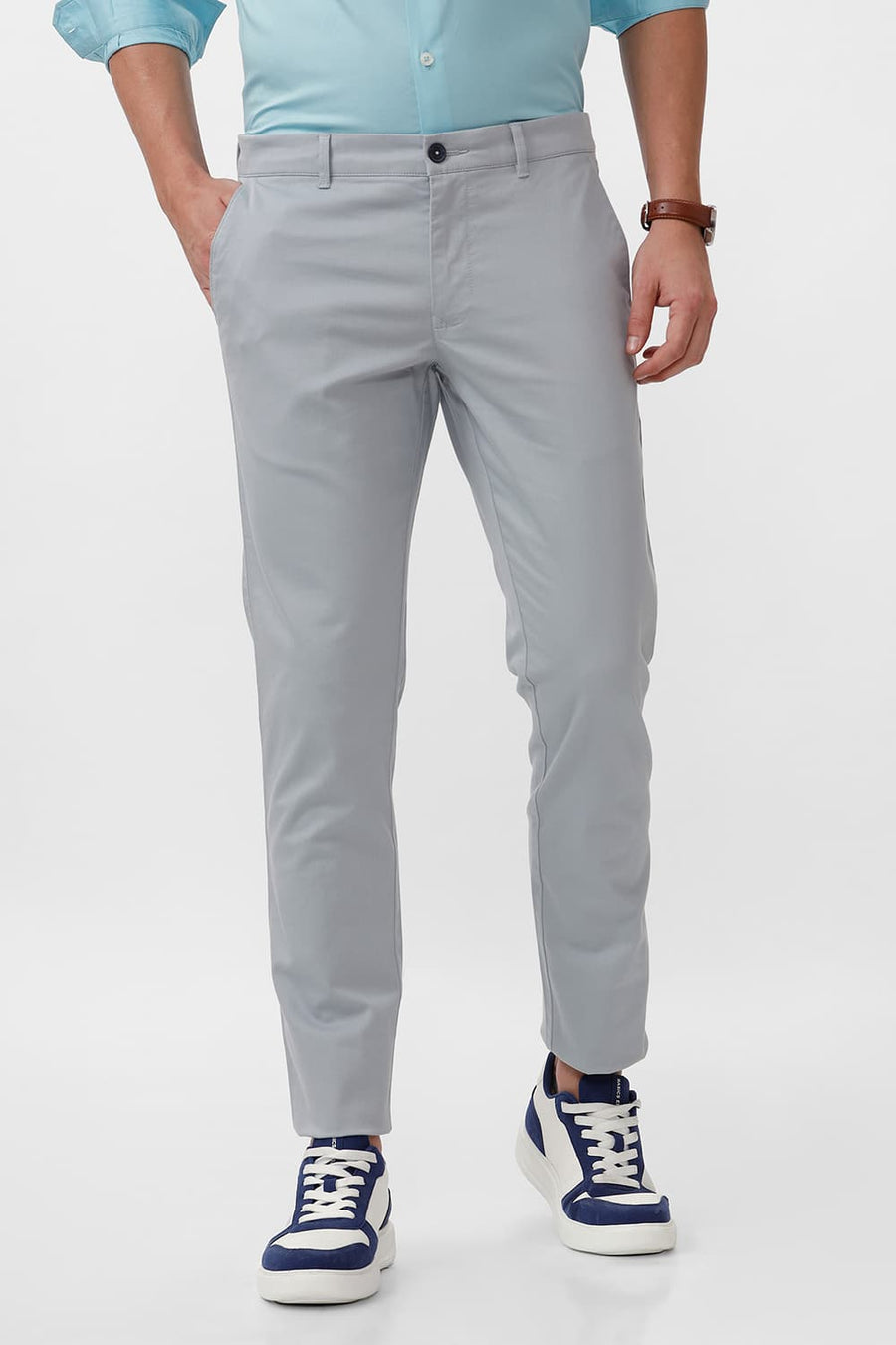 BASICS TAPERED FIT QUARRY LIGHT BLUE COTTON STRETCH DOBBY TROUSER