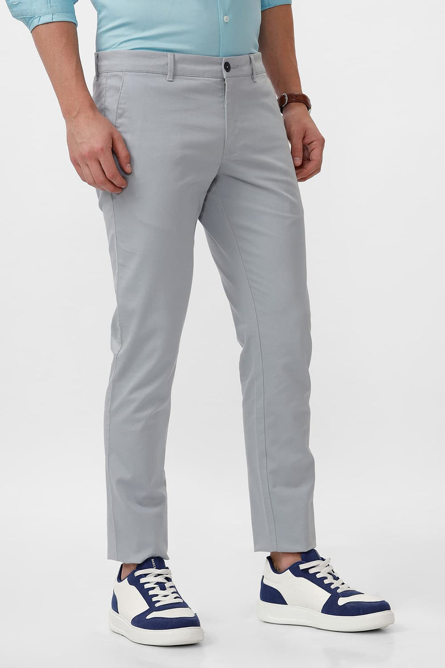BASICS TAPERED FIT QUARRY LIGHT BLUE COTTON STRETCH DOBBY TROUSER