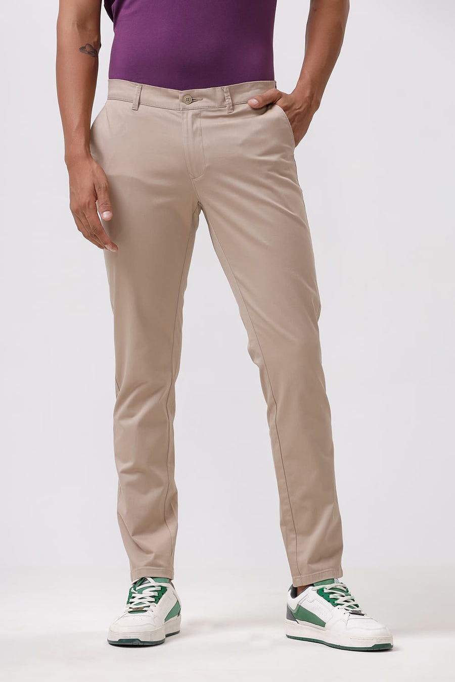 BASICS SKINNY FIT HUMUS BROWN COTTON STRETCH DOBBY TROUSER