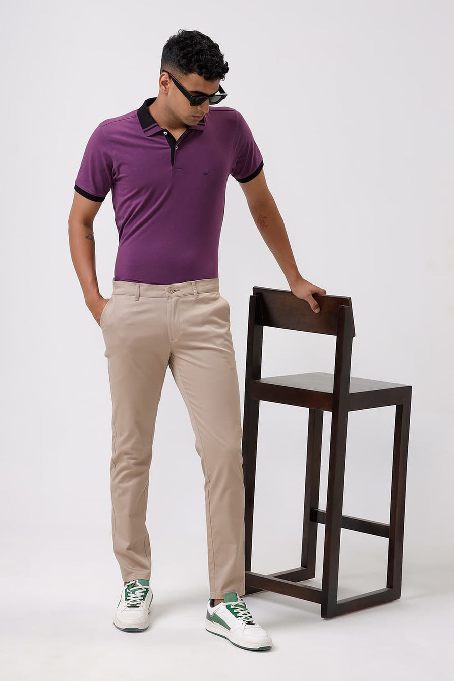 BASICS SKINNY FIT HUMUS BROWN COTTON STRETCH DOBBY TROUSER