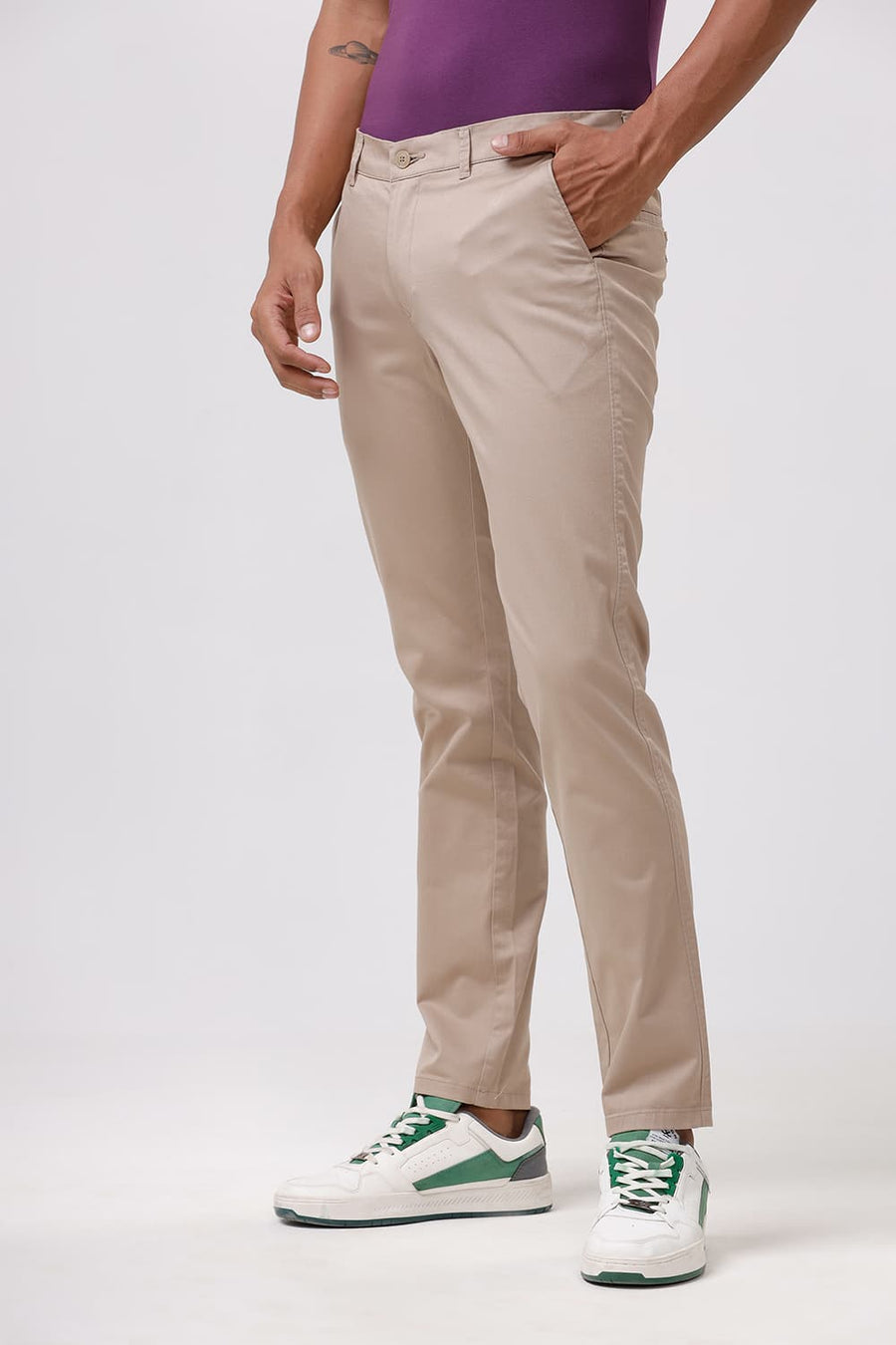 BASICS SKINNY FIT HUMUS BROWN COTTON STRETCH DOBBY TROUSER