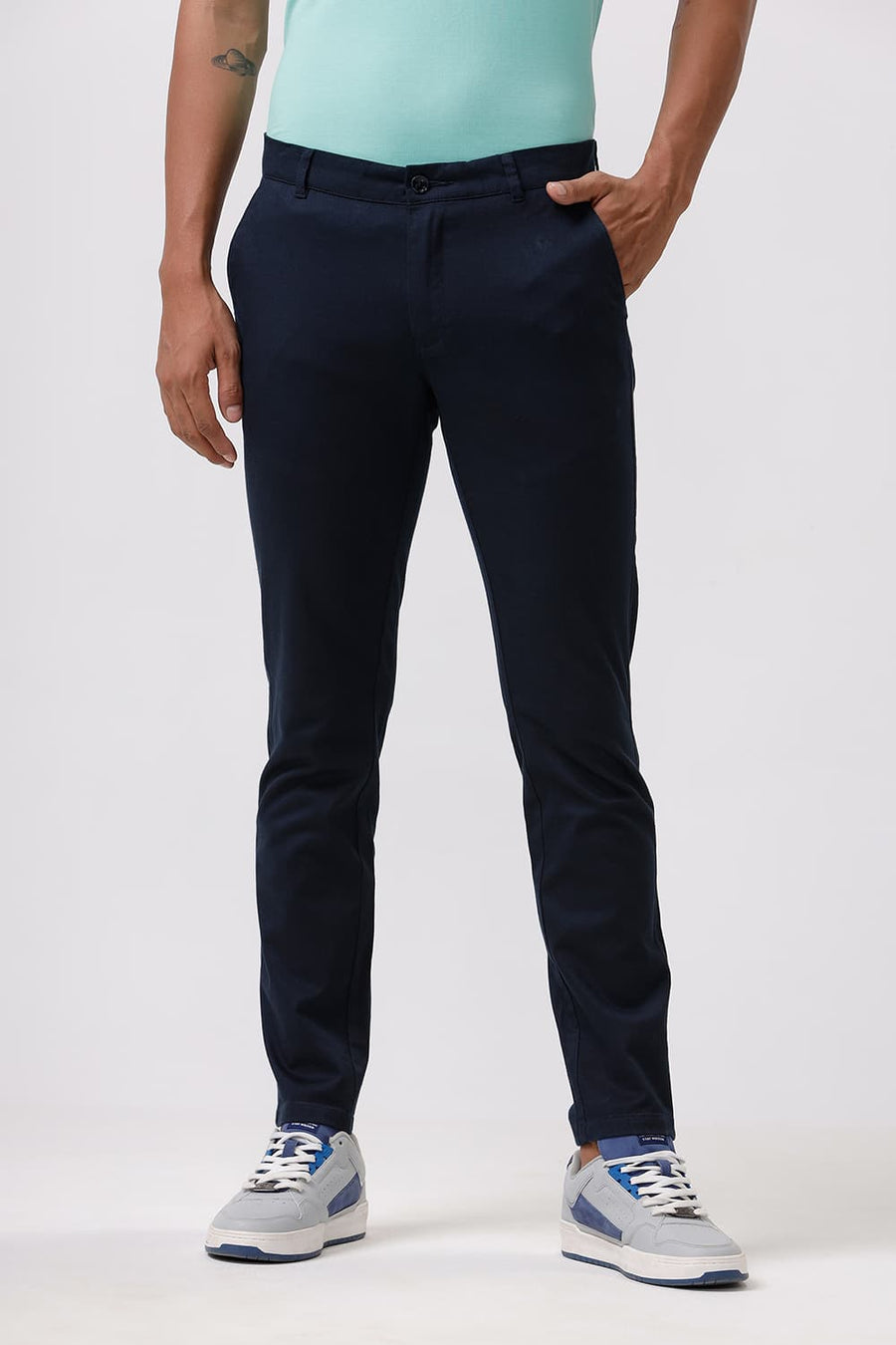 BASICS SKINNY FIT BLACK IRIS NAVY COTTON STRETCH DOBBY TROUSER