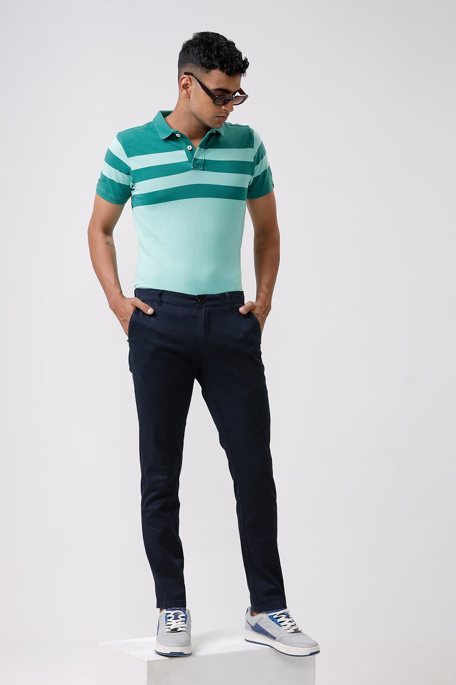 BASICS SKINNY FIT BLACK IRIS NAVY COTTON STRETCH DOBBY TROUSER