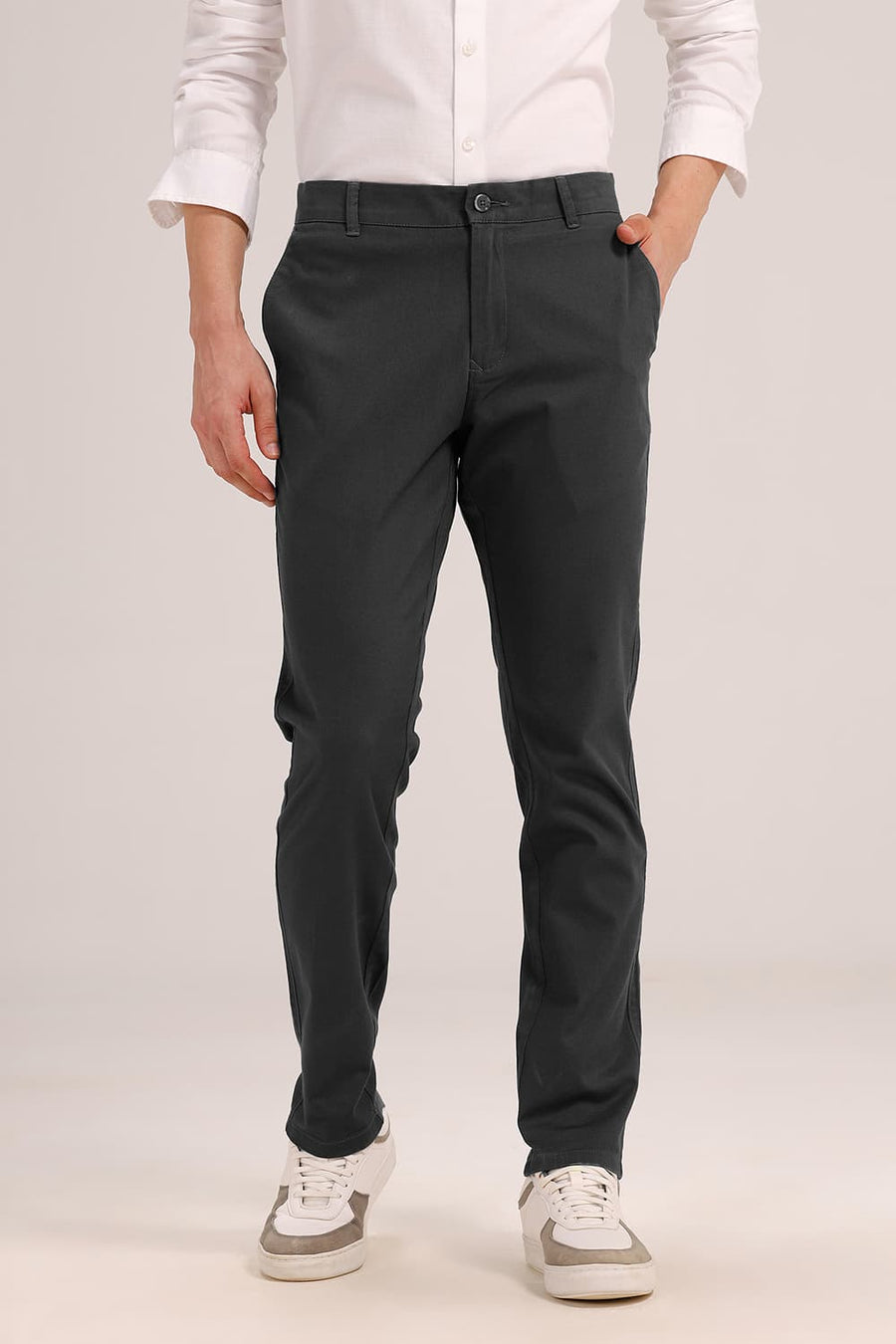 BASICS SKINNY FIT CASTLEROCK GREY COTTON STRETCH DOBBY TROUSER