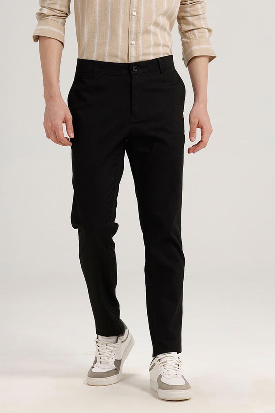 BASICS SKINNY FIT METEROITE BLACK COTTON STRETCH DOBBY TROUSER