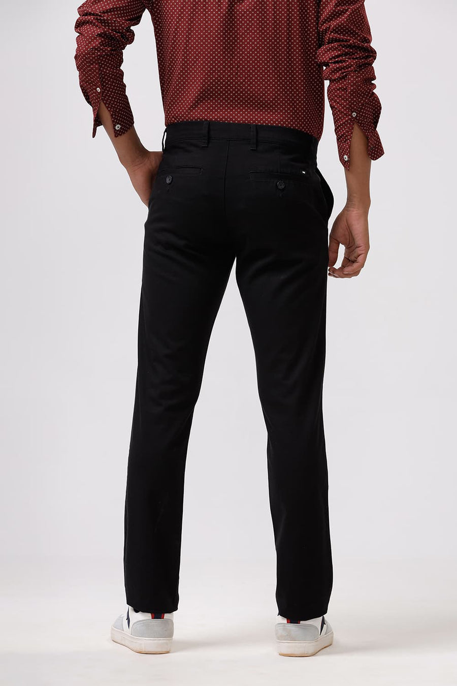 BASICS TAPERED FIT PHANTOM BLACK COTTON STRETCH DOBBY TROUSER