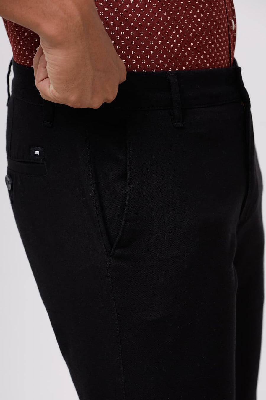BASICS TAPERED FIT PHANTOM BLACK COTTON STRETCH DOBBY TROUSER