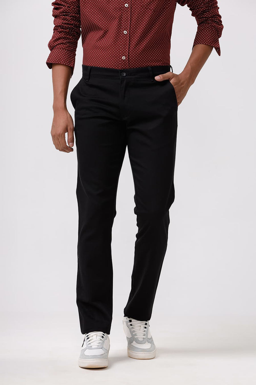BASICS TAPERED FIT PHANTOM BLACK COTTON STRETCH DOBBY TROUSER