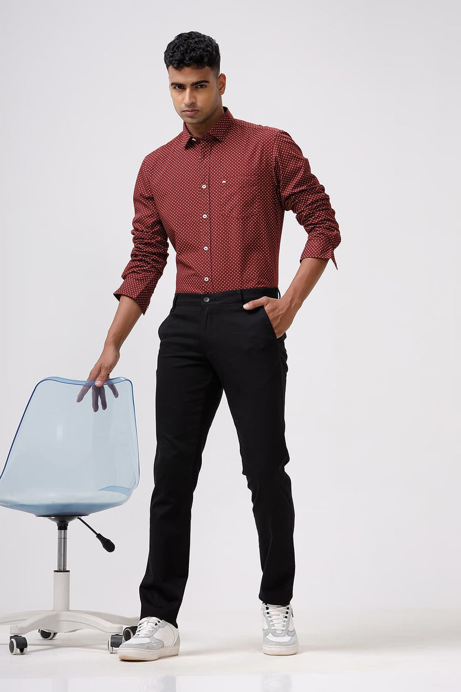 BASICS TAPERED FIT PHANTOM BLACK COTTON STRETCH DOBBY TROUSER