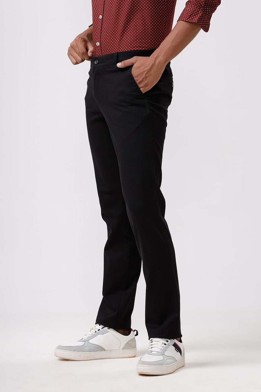 BASICS TAPERED FIT PHANTOM BLACK COTTON STRETCH DOBBY TROUSER