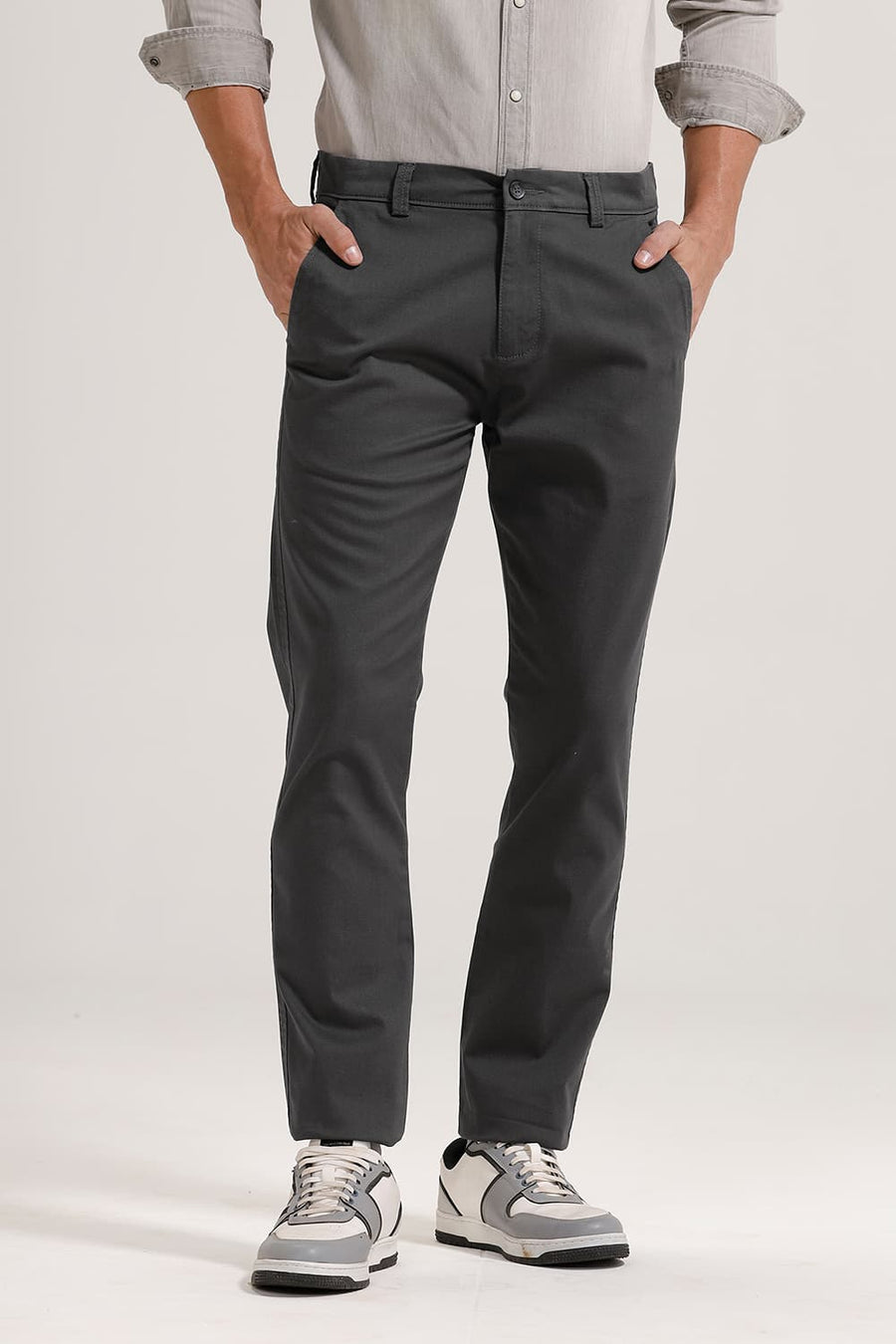 BASICS TAPERED FIT RAVEN GREY COTTON STRETCH TROUSER
