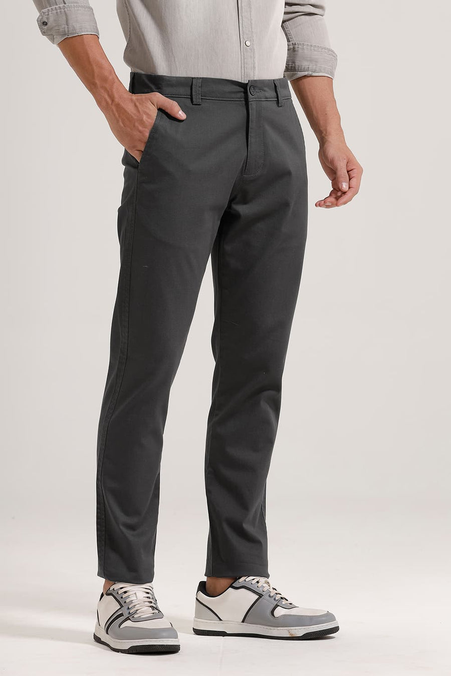 BASICS TAPERED FIT RAVEN GREY COTTON STRETCH TROUSER