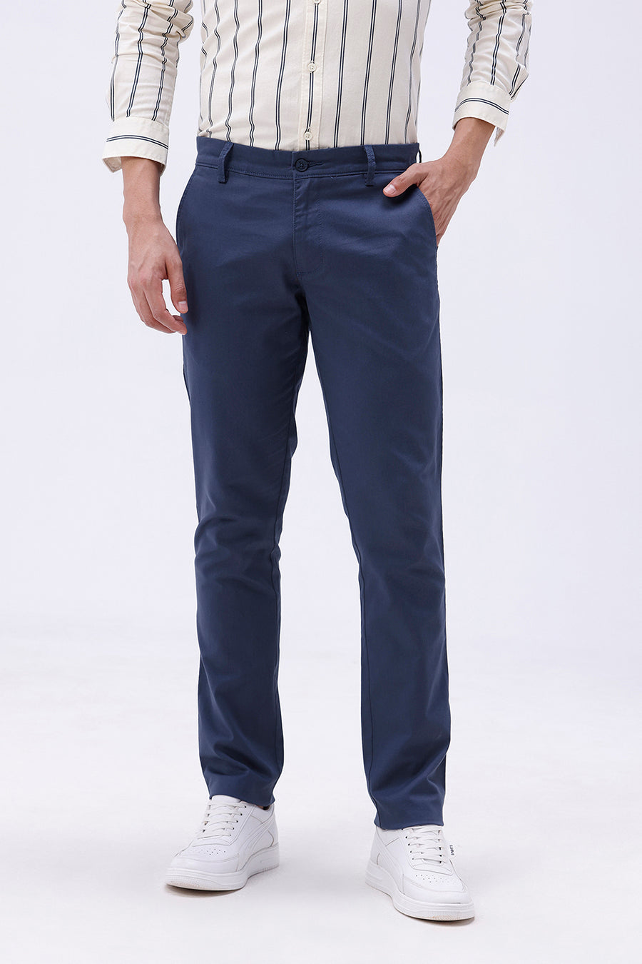 BASICS TAPERED FIT MOONLIT OCEAN BLUE COTTON STRETCH TROUSER