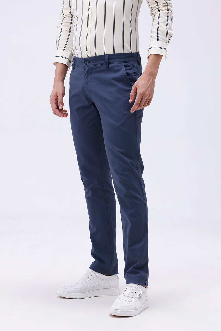 BASICS TAPERED FIT MOONLIT OCEAN BLUE COTTON STRETCH TROUSER