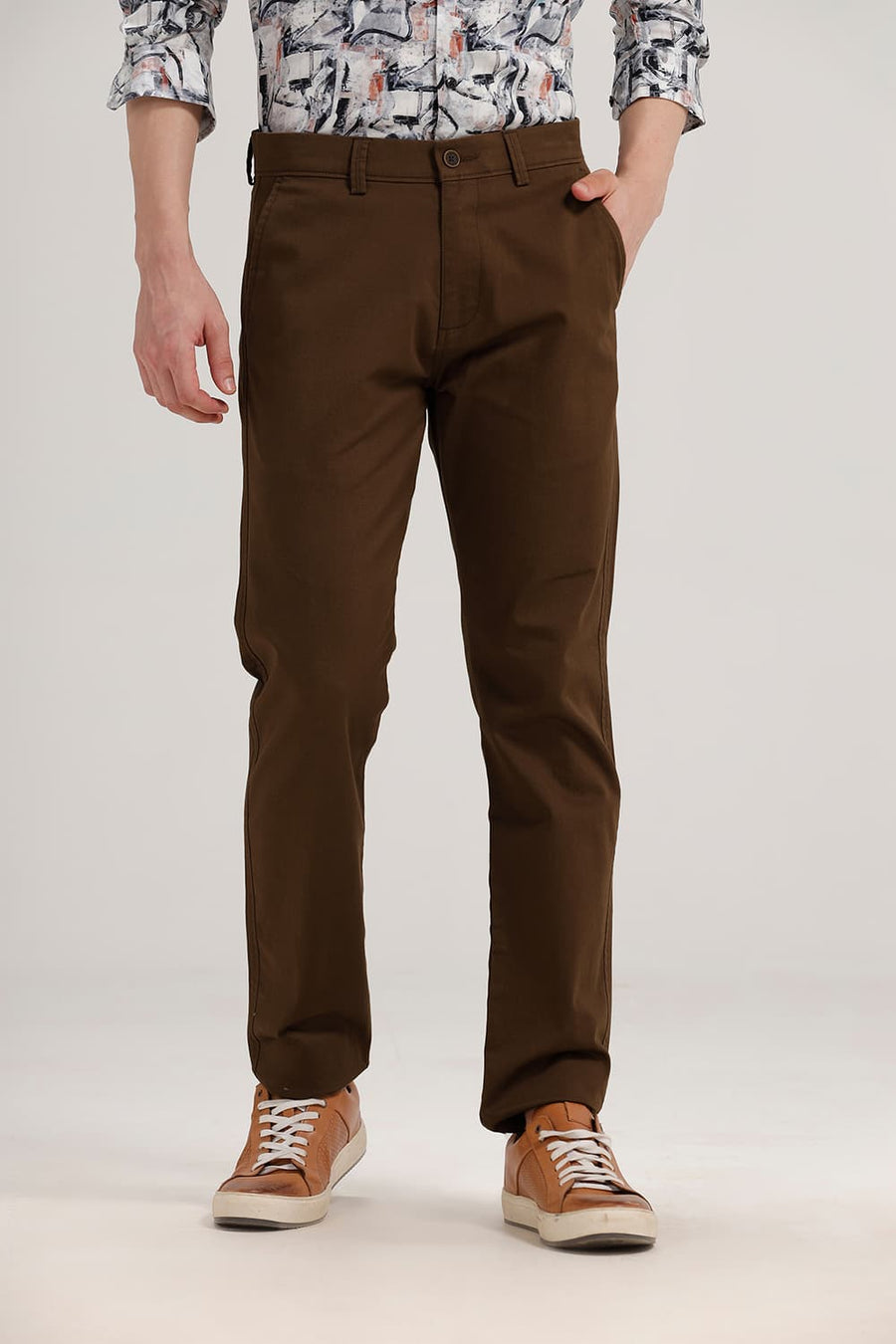 BASICS TAPERED FIT BISON BROWN COTTON STRETCH TROUSER