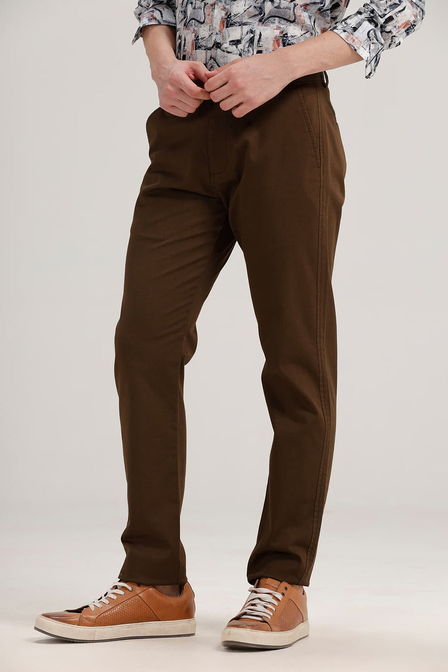 BASICS TAPERED FIT BISON BROWN COTTON STRETCH TROUSER
