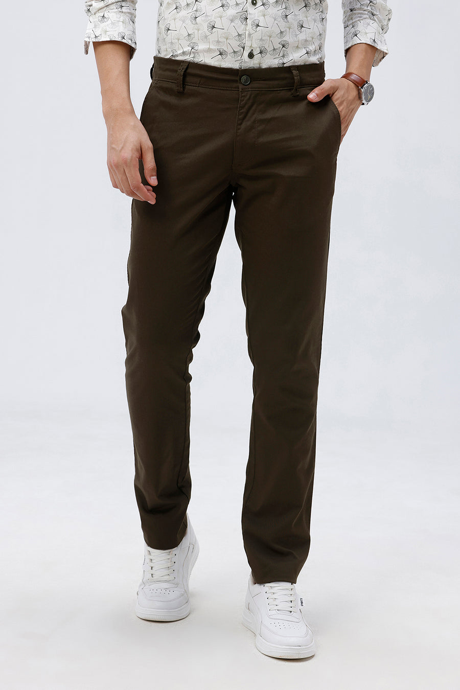 BASICS TAPERED FIT OLIVE NIGHT COTTON STRETCH TROUSER