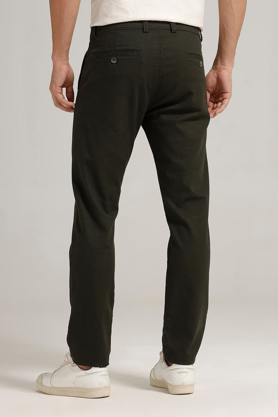 BASICS TAPERED FIT ROSIN OLIVE COTTON STRETCH TROUSER