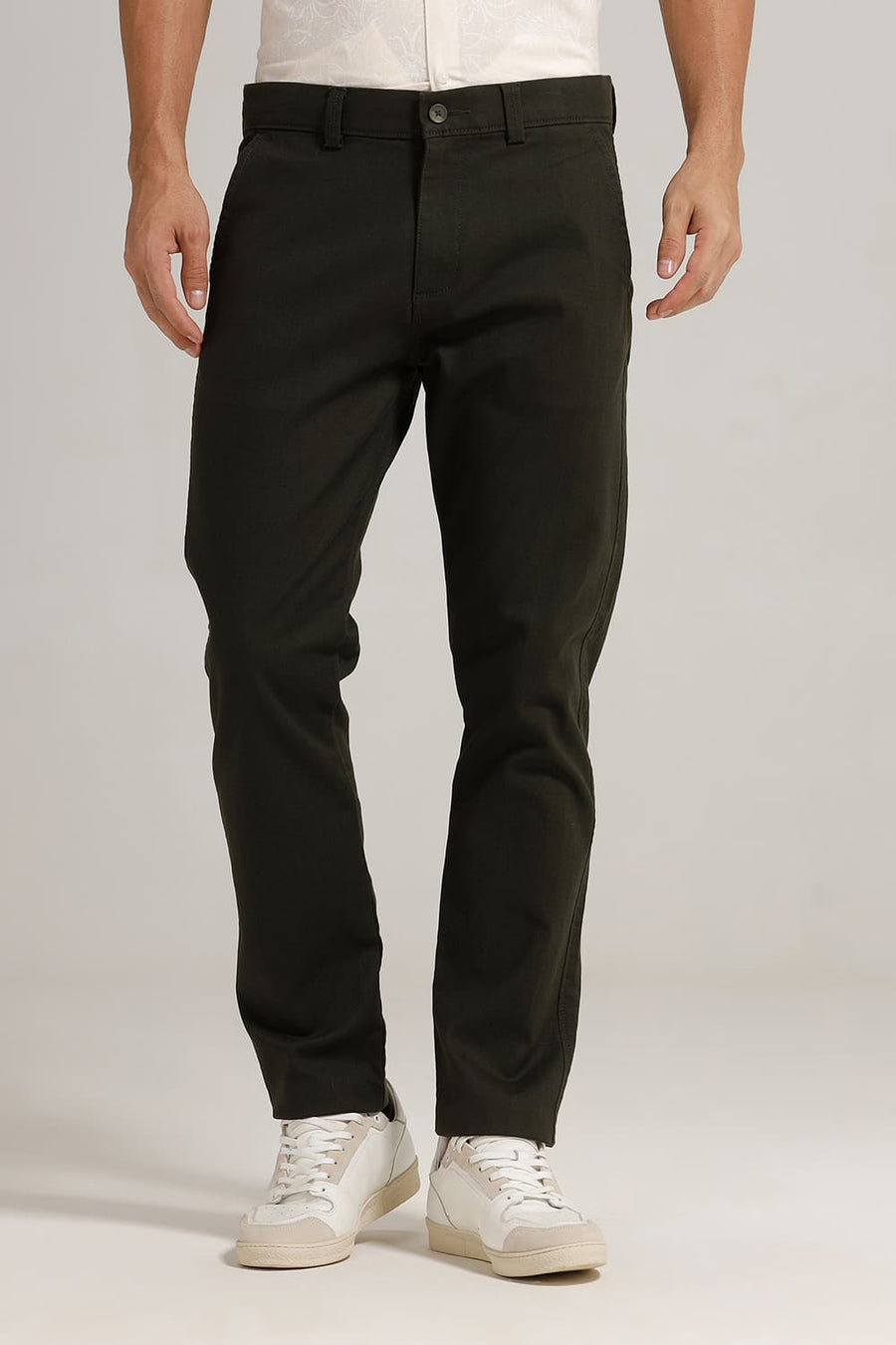 BASICS TAPERED FIT ROSIN OLIVE COTTON STRETCH TROUSER