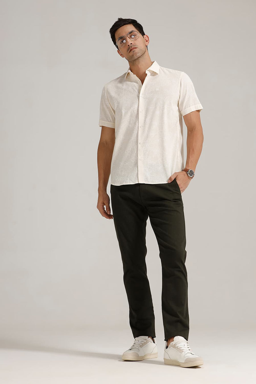 BASICS TAPERED FIT ROSIN OLIVE COTTON STRETCH TROUSER