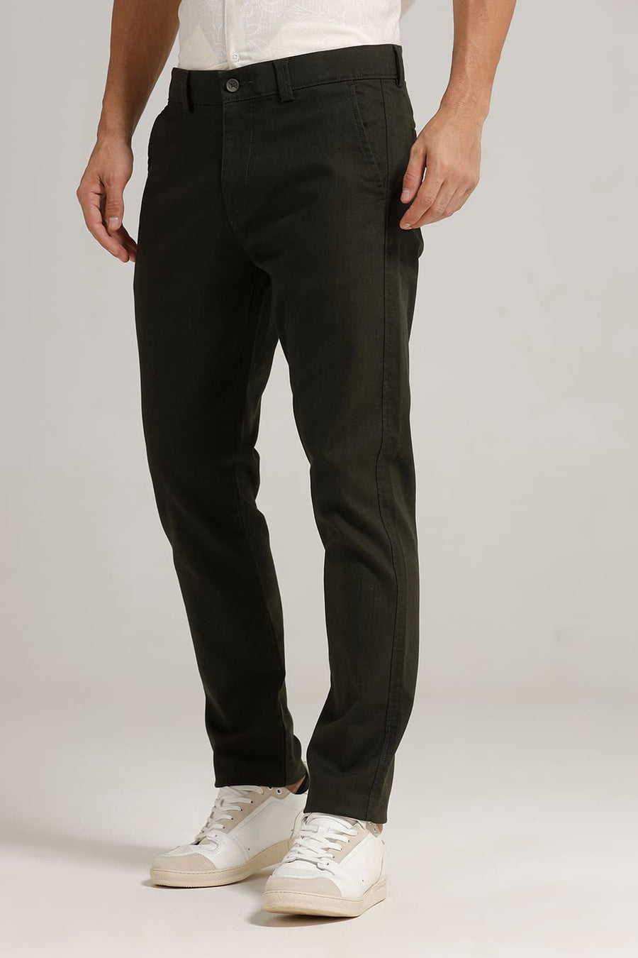 BASICS TAPERED FIT ROSIN OLIVE COTTON STRETCH TROUSER