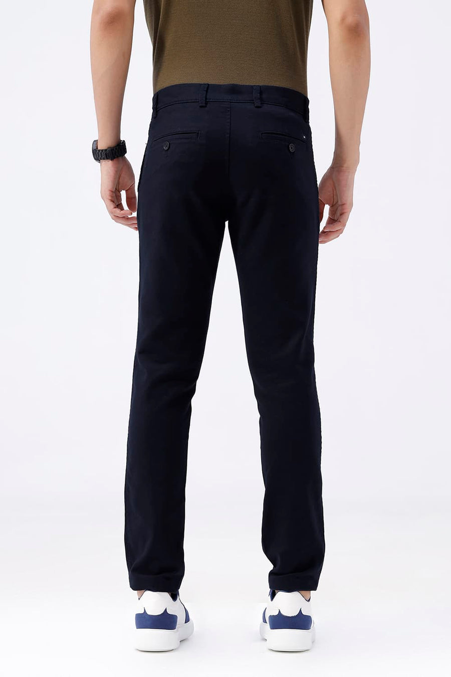 BASICS TAPERED FIT CARBON NAVY COTTON STRETCH TROUSER