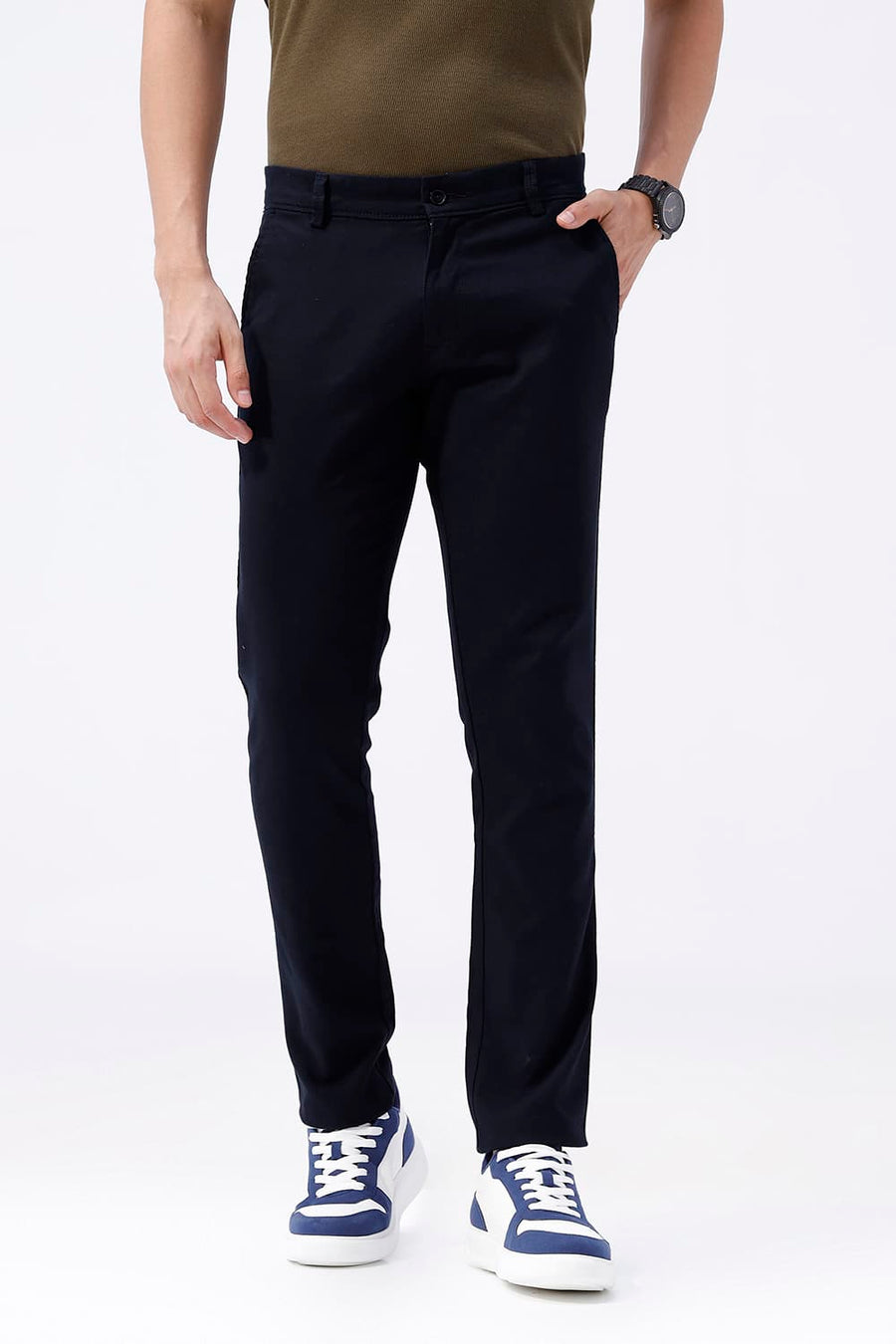 BASICS TAPERED FIT CARBON NAVY COTTON STRETCH TROUSER