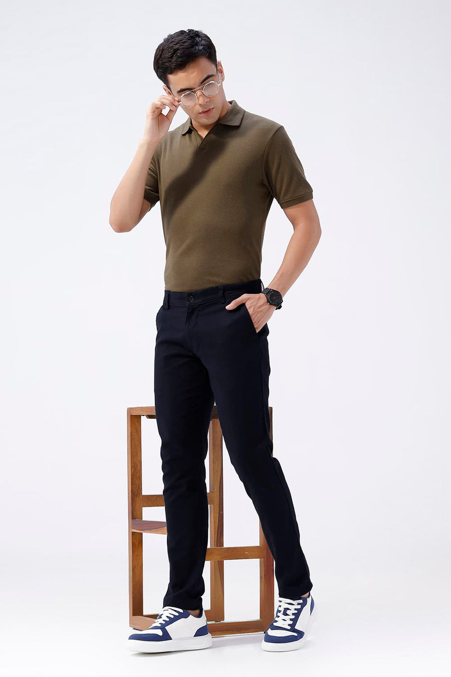 BASICS TAPERED FIT CARBON NAVY COTTON STRETCH TROUSER