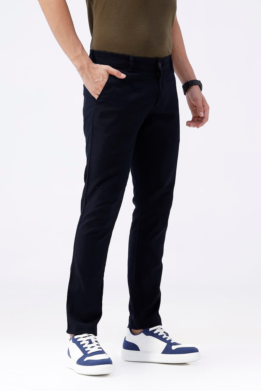 BASICS TAPERED FIT CARBON NAVY COTTON STRETCH TROUSER