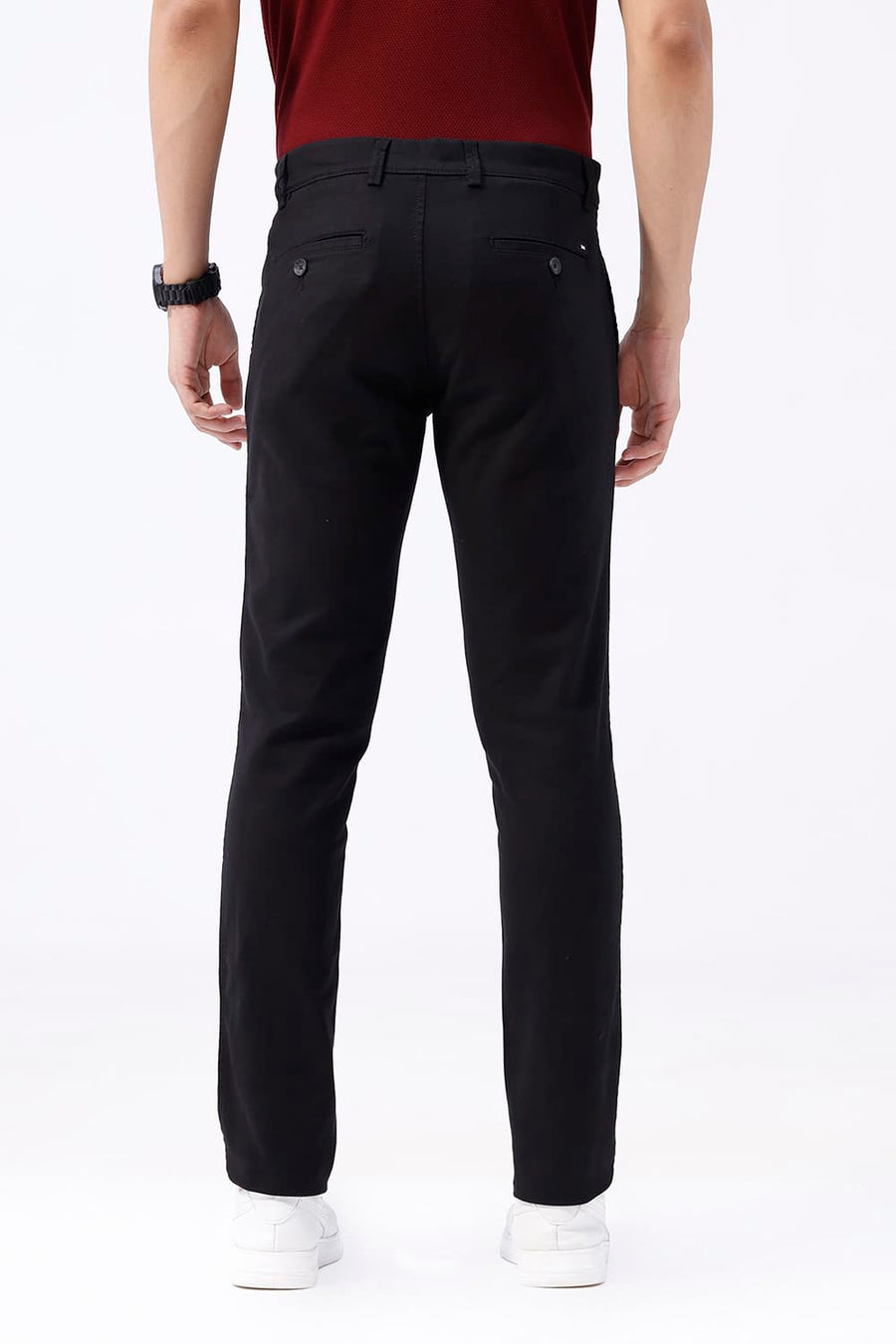 BASICS TAPERED FIT STRETCH LIMO BLACK COTTON STRETCH TROUSER