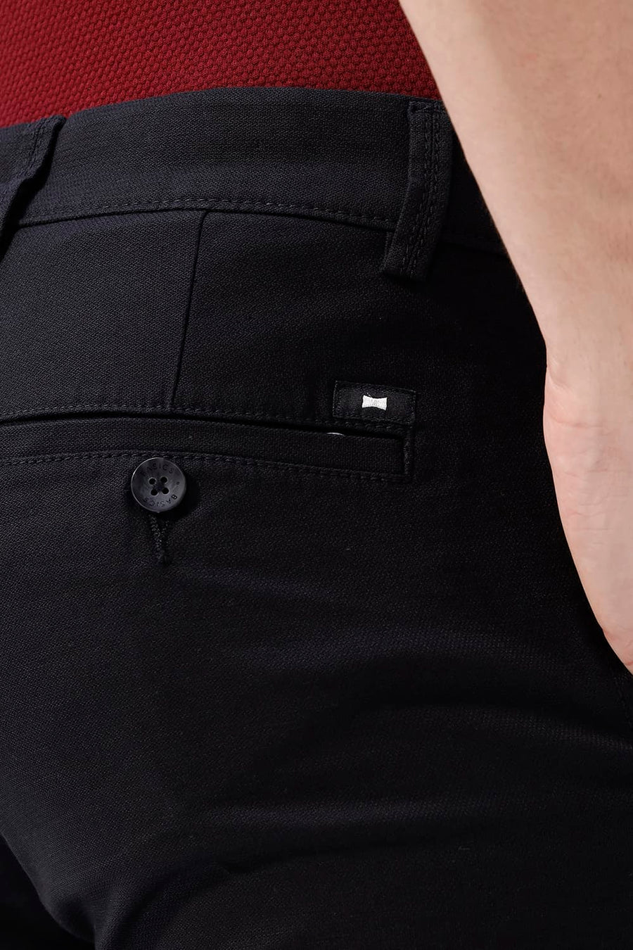 BASICS TAPERED FIT STRETCH LIMO BLACK COTTON STRETCH TROUSER