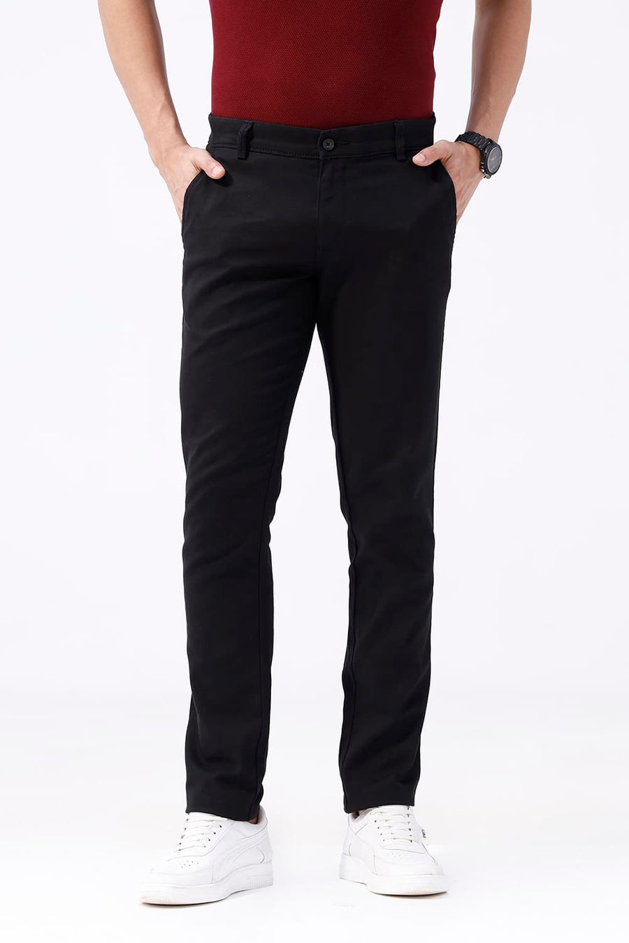 BASICS TAPERED FIT STRETCH LIMO BLACK COTTON STRETCH TROUSER