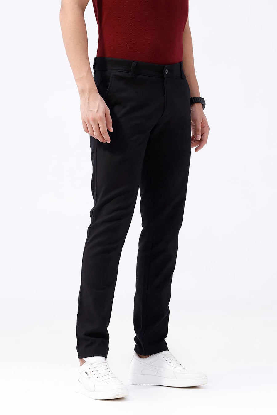 BASICS TAPERED FIT STRETCH LIMO BLACK COTTON STRETCH TROUSER