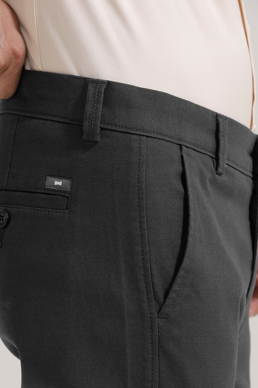 BASICS TAPERED FIT EBONY GREY COTTON STRETCH TROUSER