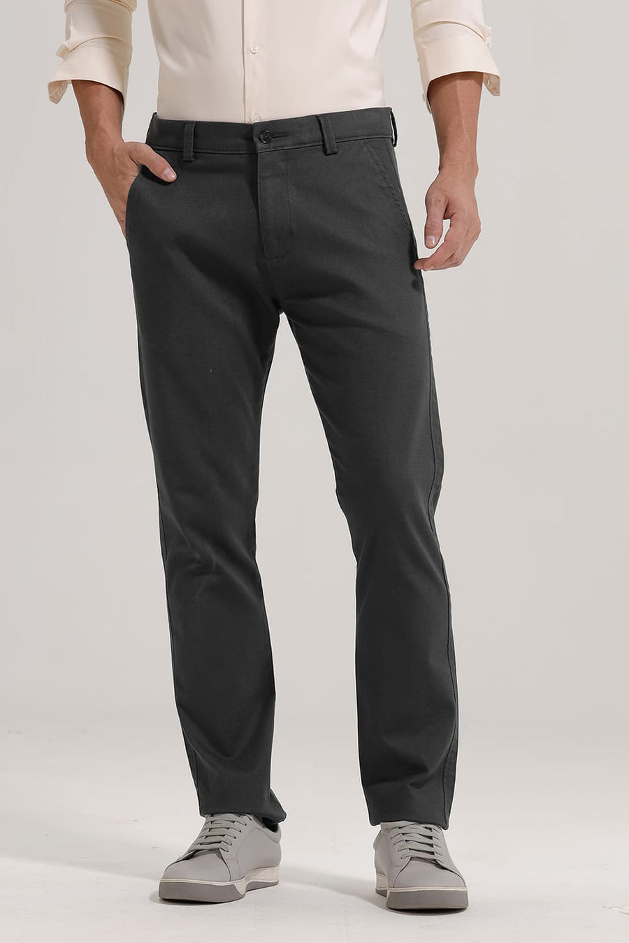 BASICS TAPERED FIT EBONY GREY COTTON STRETCH TROUSER