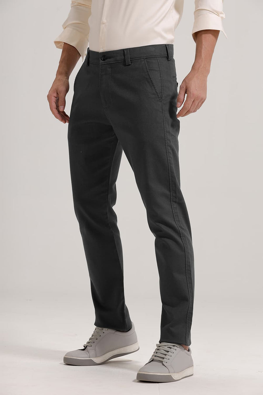 BASICS TAPERED FIT EBONY GREY COTTON STRETCH TROUSER