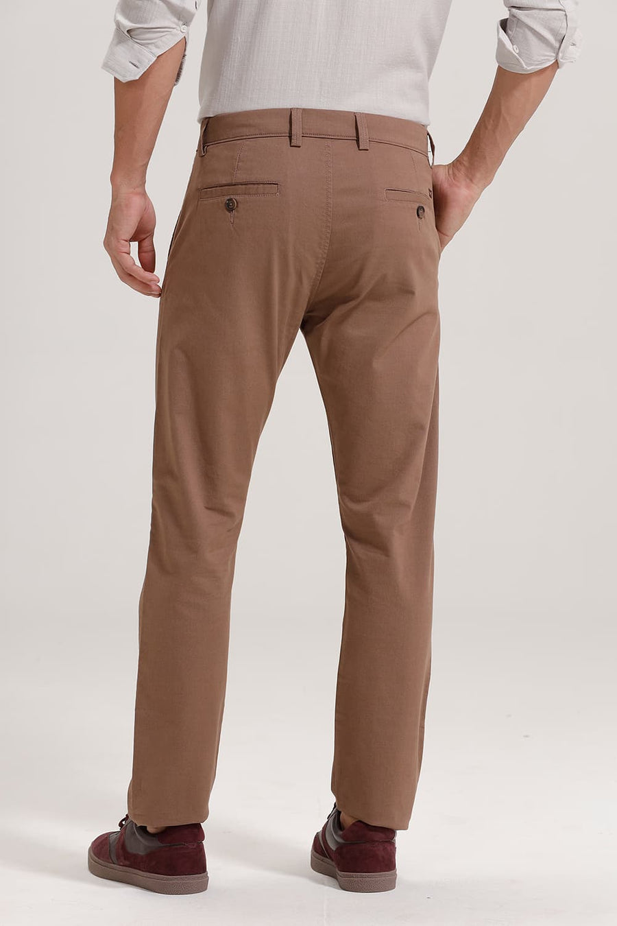 BASICS TAPERED FIT PINE BARK BROWN COTTON STRETCH TROUSER