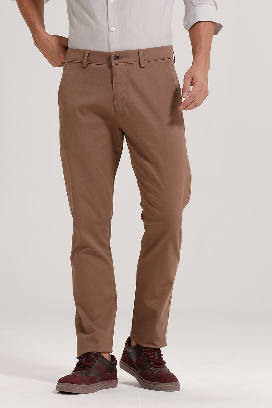 BASICS TAPERED FIT PINE BARK BROWN COTTON STRETCH TROUSER