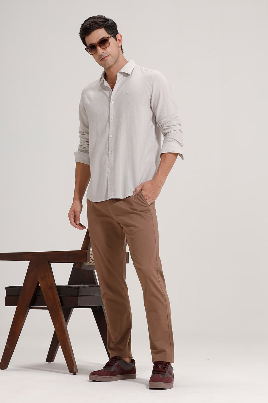 BASICS TAPERED FIT PINE BARK BROWN COTTON STRETCH TROUSER