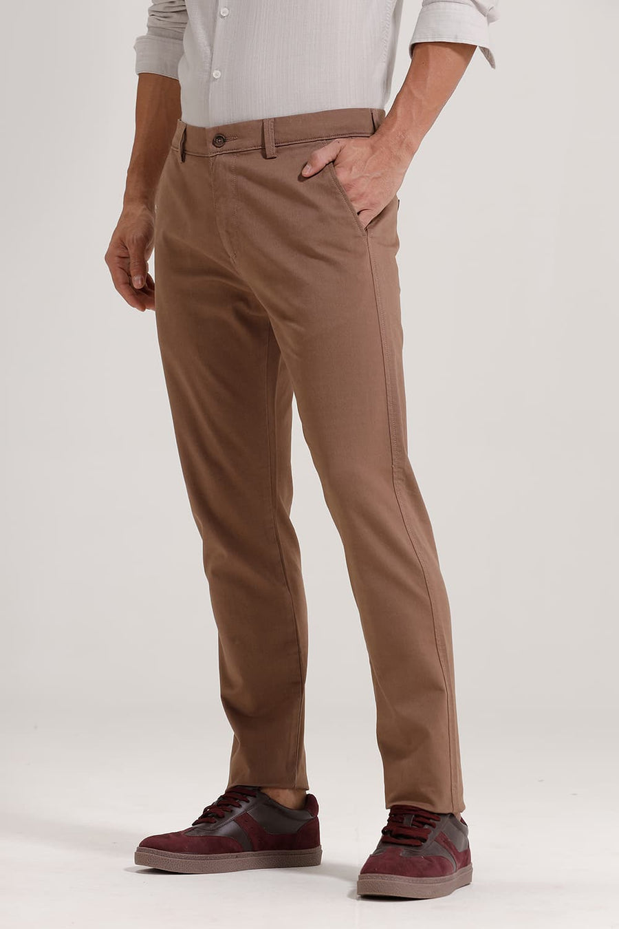 BASICS TAPERED FIT PINE BARK BROWN COTTON STRETCH TROUSER