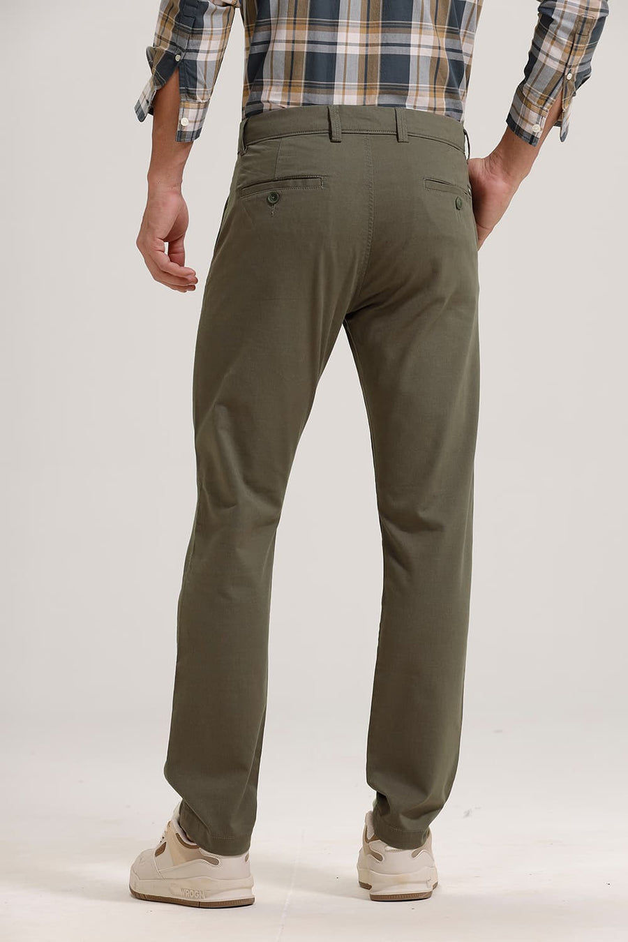 BASICS TAPERED FIT KHAKI STRING COTTON STRETCH TROUSER