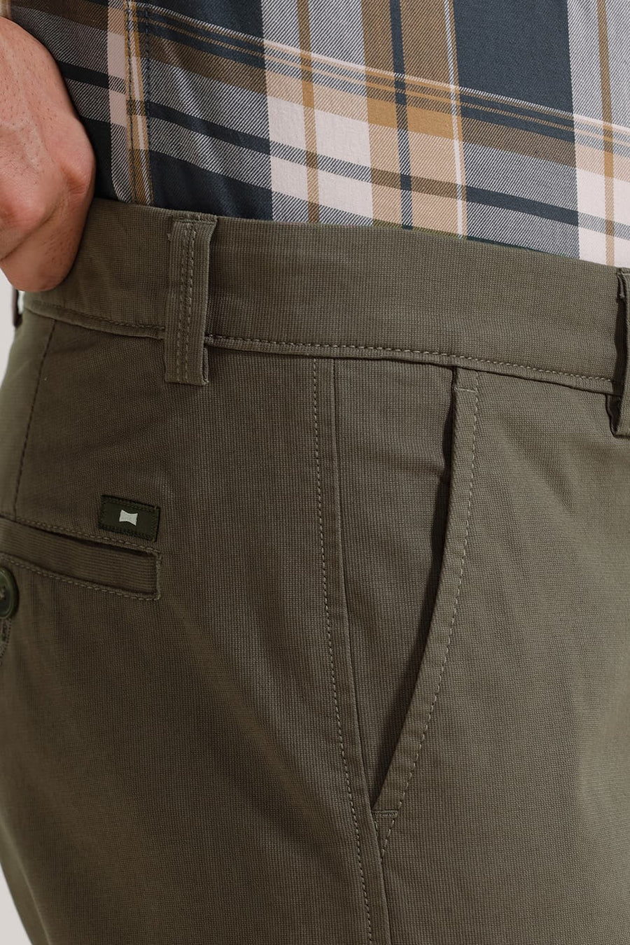 BASICS TAPERED FIT KHAKI STRING COTTON STRETCH TROUSER