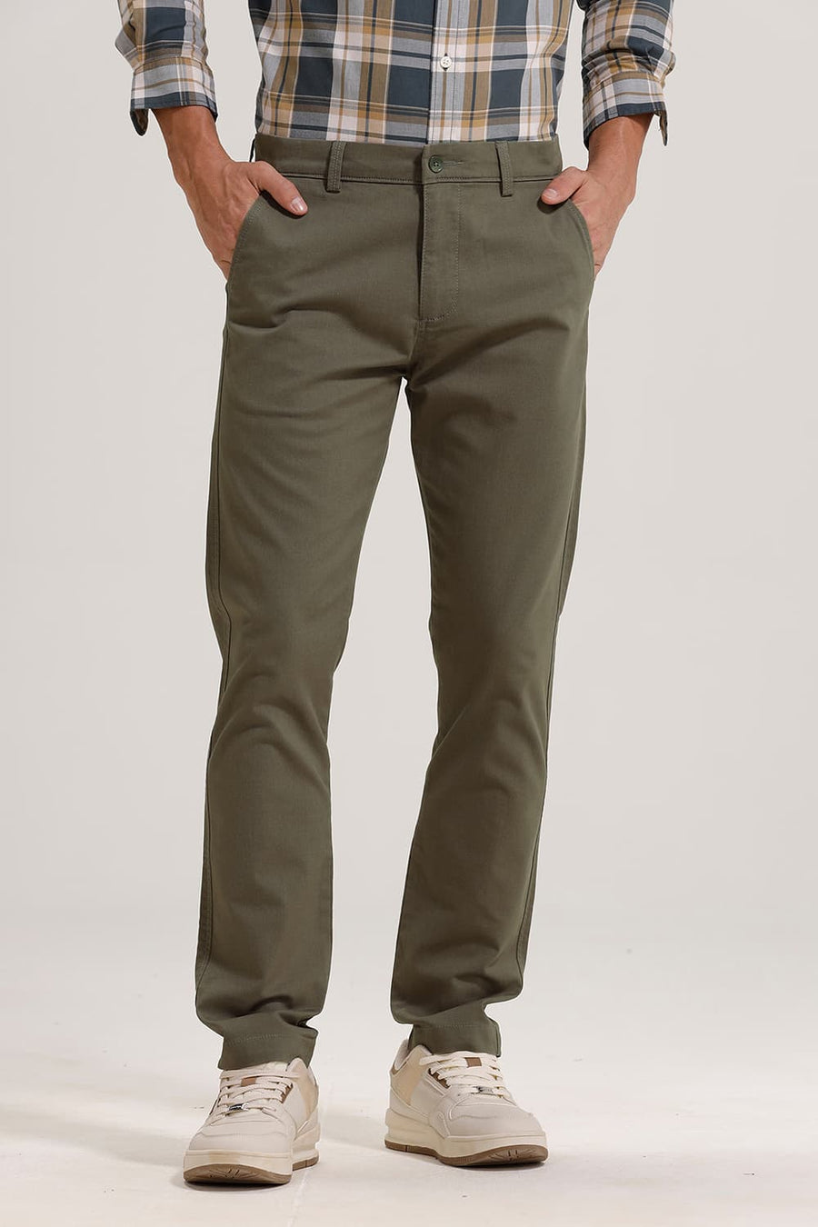 BASICS TAPERED FIT KHAKI STRING COTTON STRETCH TROUSER