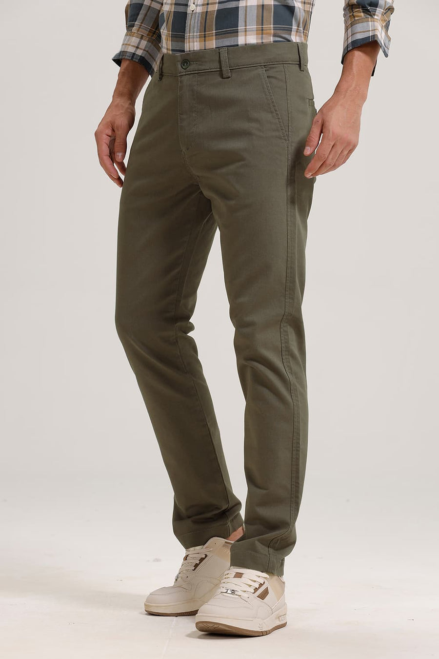 BASICS TAPERED FIT KHAKI STRING COTTON STRETCH TROUSER