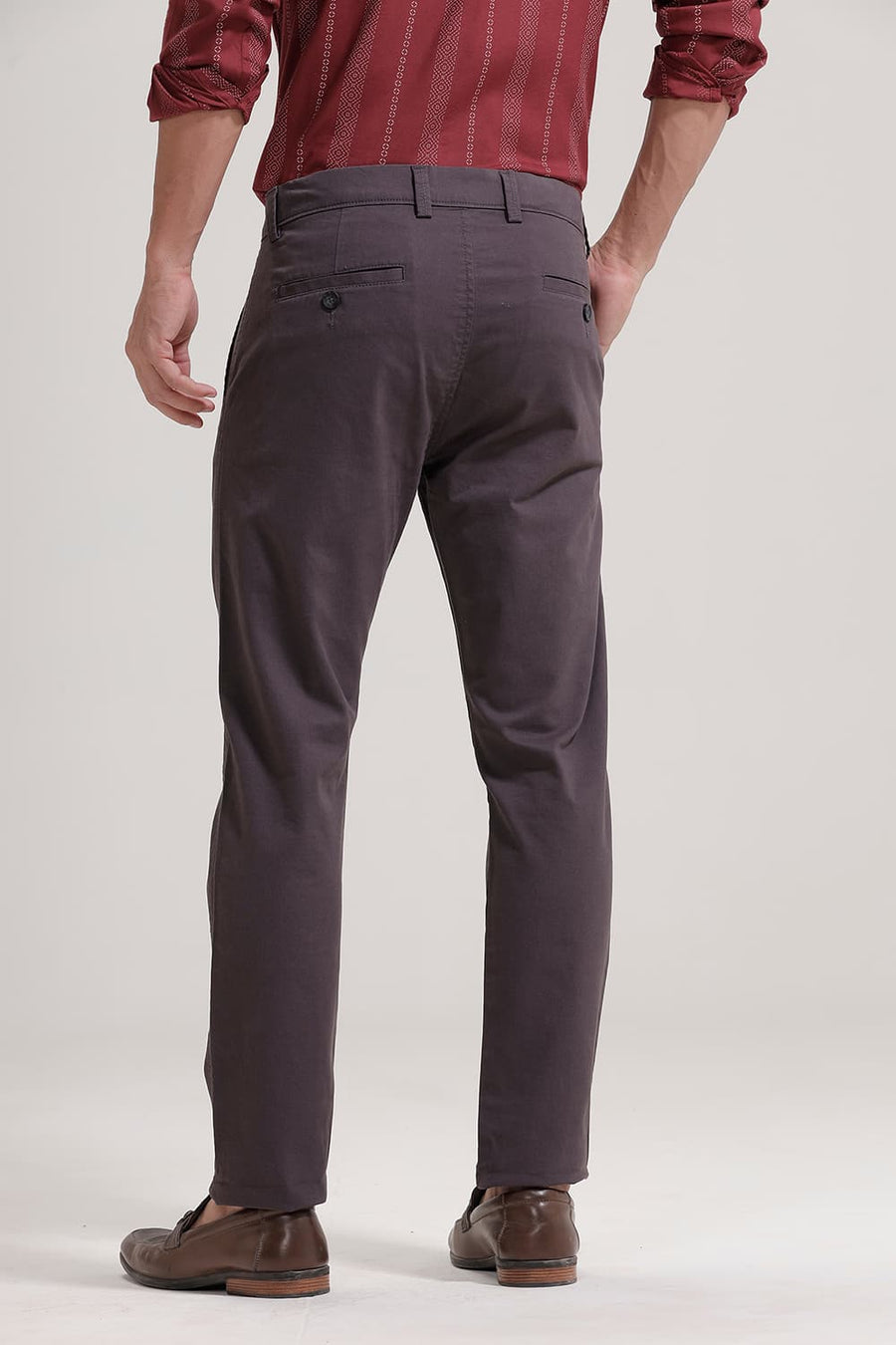 BASICS TAPERED FIT PLUM GREY COTTON STRETCH TROUSER