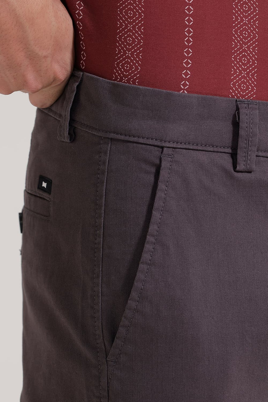 BASICS TAPERED FIT PLUM GREY COTTON STRETCH TROUSER