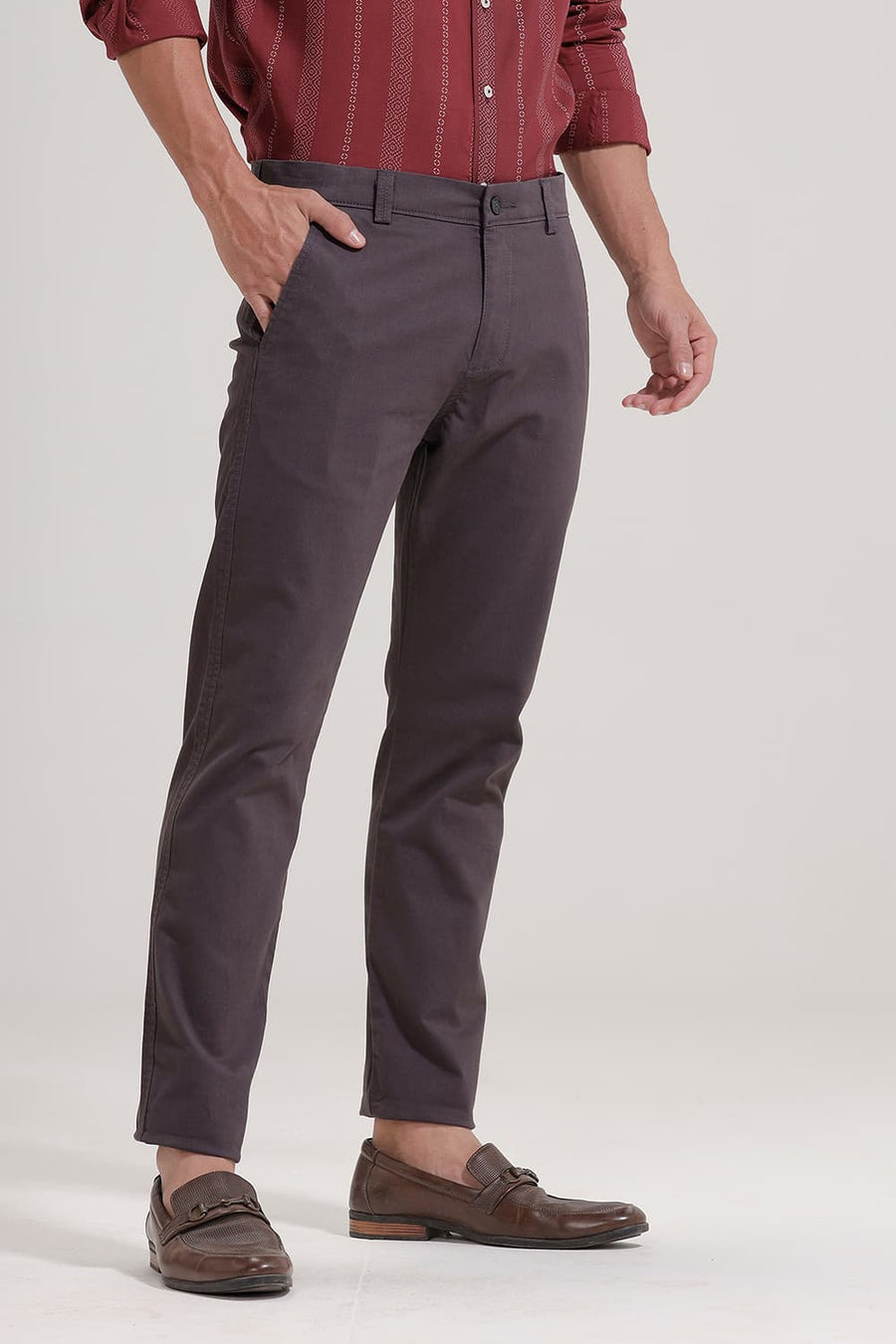 BASICS TAPERED FIT PLUM GREY COTTON STRETCH TROUSER